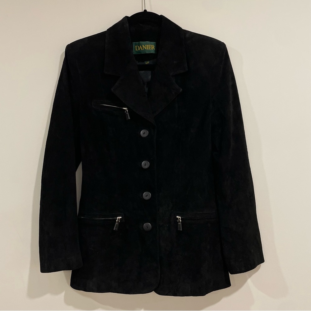 Danier genuine leather black suede blazer jacket coat size XS 3 pockets buttons